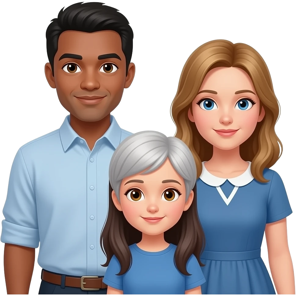 un padre con el pelo negro sin bigote y moreno con ojos marrones una madre al lado de pelo rubio castaño con ojos azules un poco mas bajita y una niña con el pelo moreno largo y ojos color avellana y una abuela con el pelo blanco corto y ojos chiquititos y delgada con un vestido azul emoji