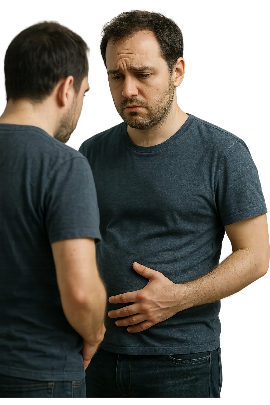 uomo che si guarda allo specchio triste mentre si tocca la pancia, pensieroso, iperrealistico 4k emoji