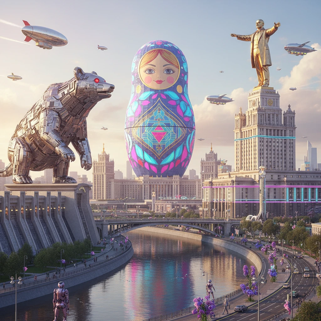 Москва в стиле Atomic Heart в светлых ярких цветах и тонах. Должны быть 2-3 яркие детали, которые выглядят крайне необычно и футуристично, альтернативный ретро киберпанк. Ими могут быть небоскреб-матрешка, огромная фигура медведя и что-то еще. например, Дворец Советов с Лениным. emoji