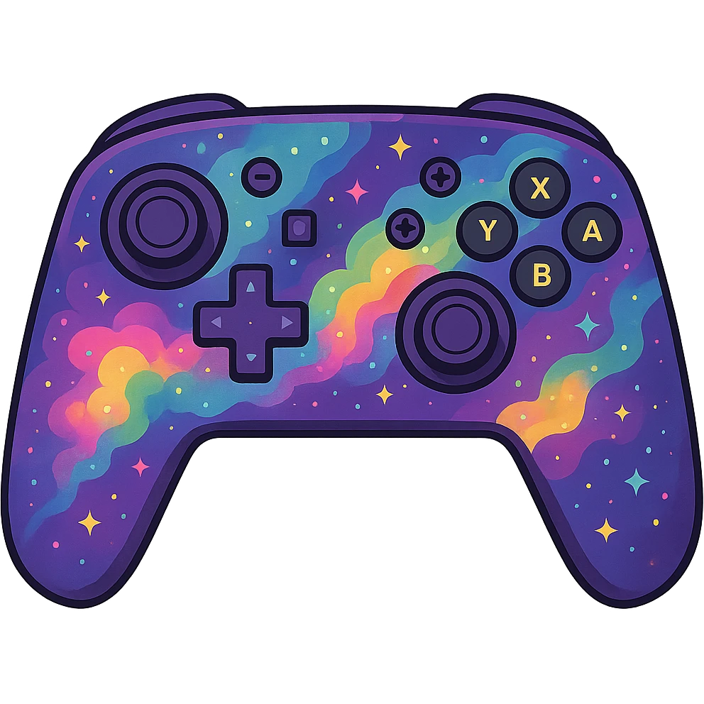 Nintendo Switch Pro controller decorated with a purple and rainbow galaxy pattern, glowing nebula effects, dreamy and colorful emoji