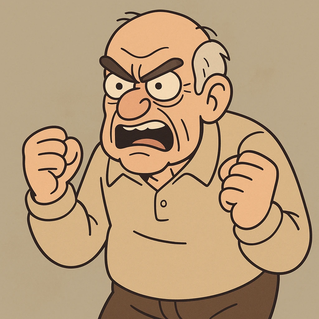 angry old man, expressive face, wrinkled, furrowed brows, balding, simple cartoon style emoji