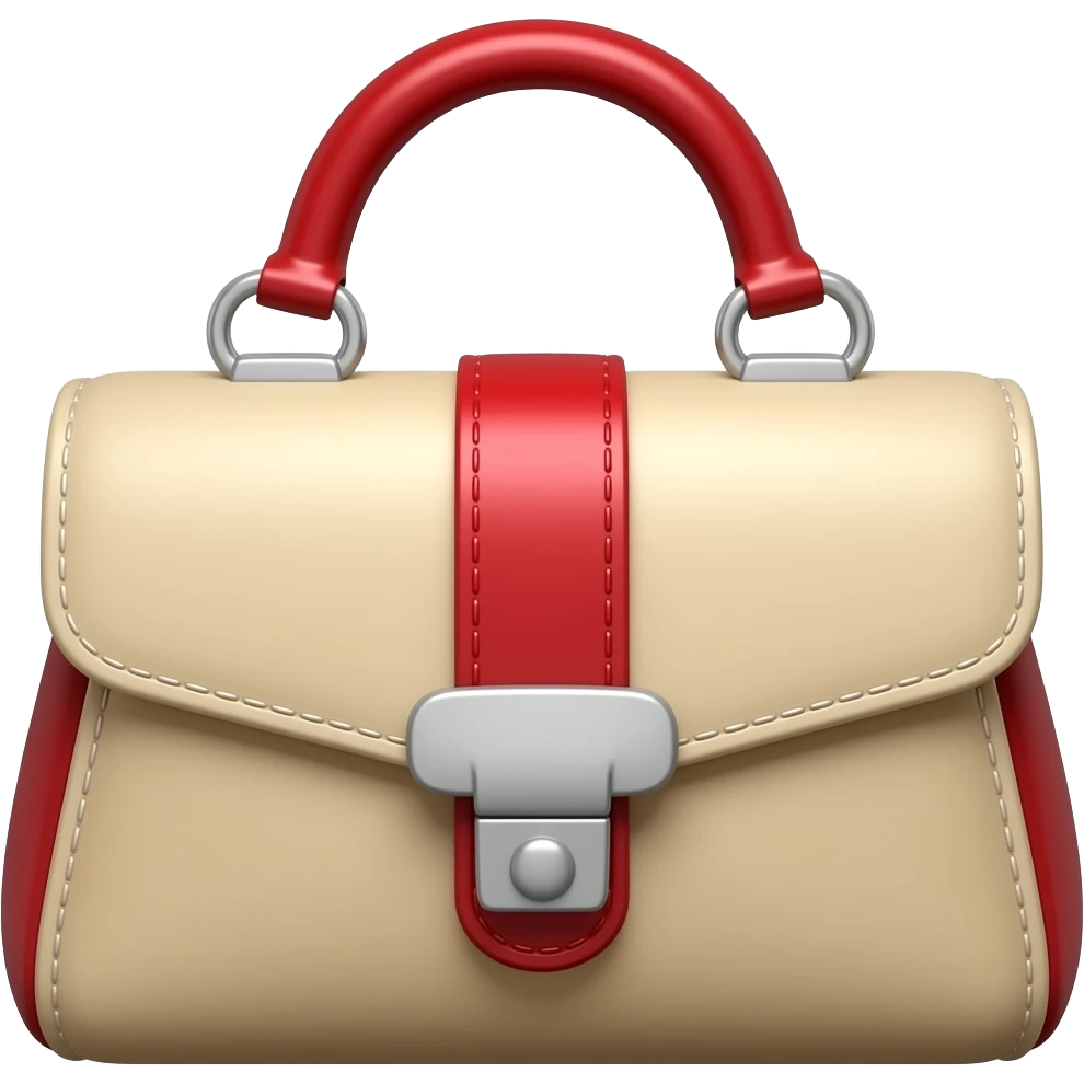 woman beige and red handbag with silver emoji