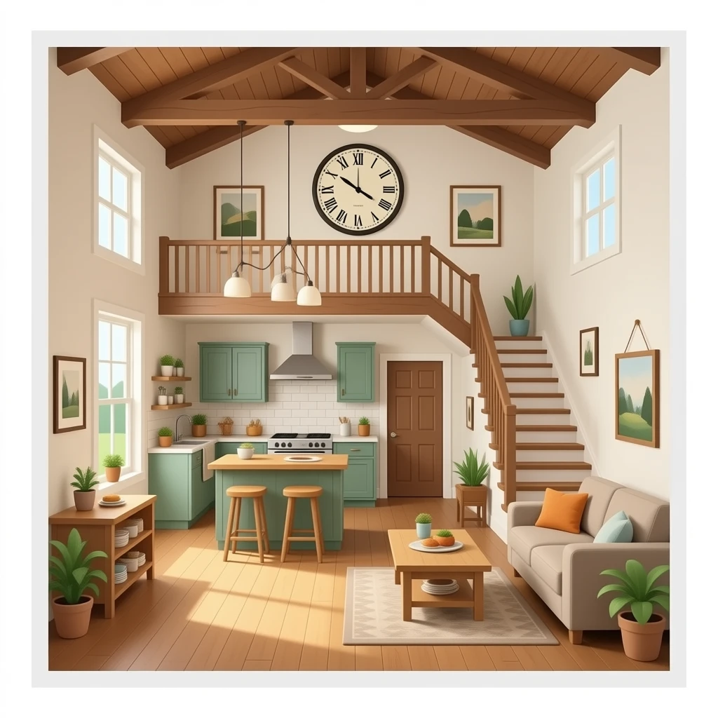 me una casa gran per dintre, on es vegi una cuina una sofa i unes escales, ha d'haver un rellotge gran de paret, .Ha de ser molt acollidora, i rustica, el rellotge..El rellotge ha de tocar el terra. emoji