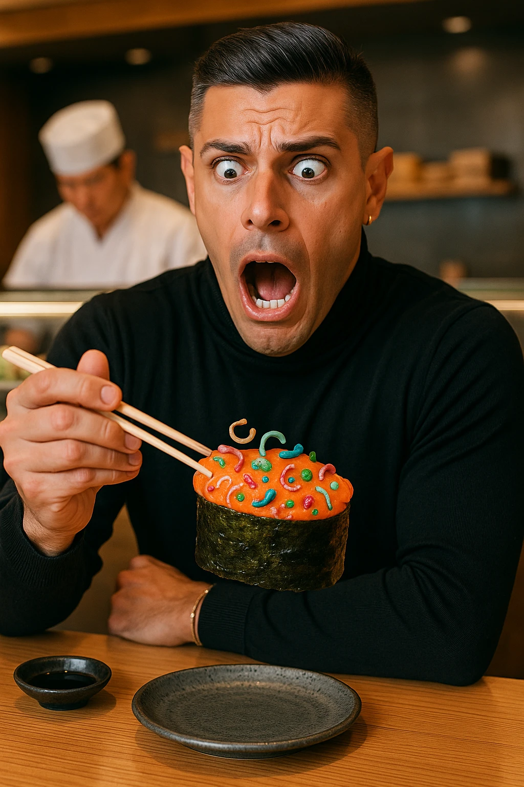 a man sits at a sushi bar, holding his chopsticks above a gunkan of salmon. As he looks closely, he notices visible parasites and bacteria—depicted as small worms and colorful bacterial shapes—on the surface of the sushi. His eyes widen and his mouth opens in shock, clearly alarmed. The background shows the sushi counter and chef, but the focus is on the man’s reaction and the contaminated sushi. emoji