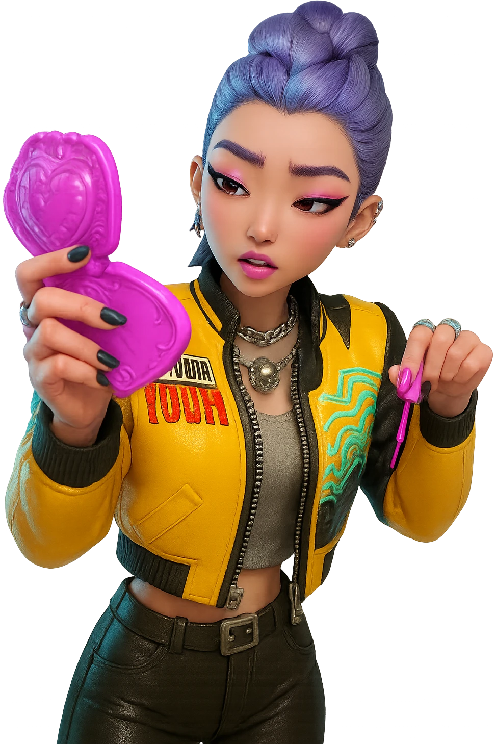 Extract the character from the background, including the clothes and accessories she is wearing, and place on a transparent background. Keep the original style and appearance exactly the same. emoji