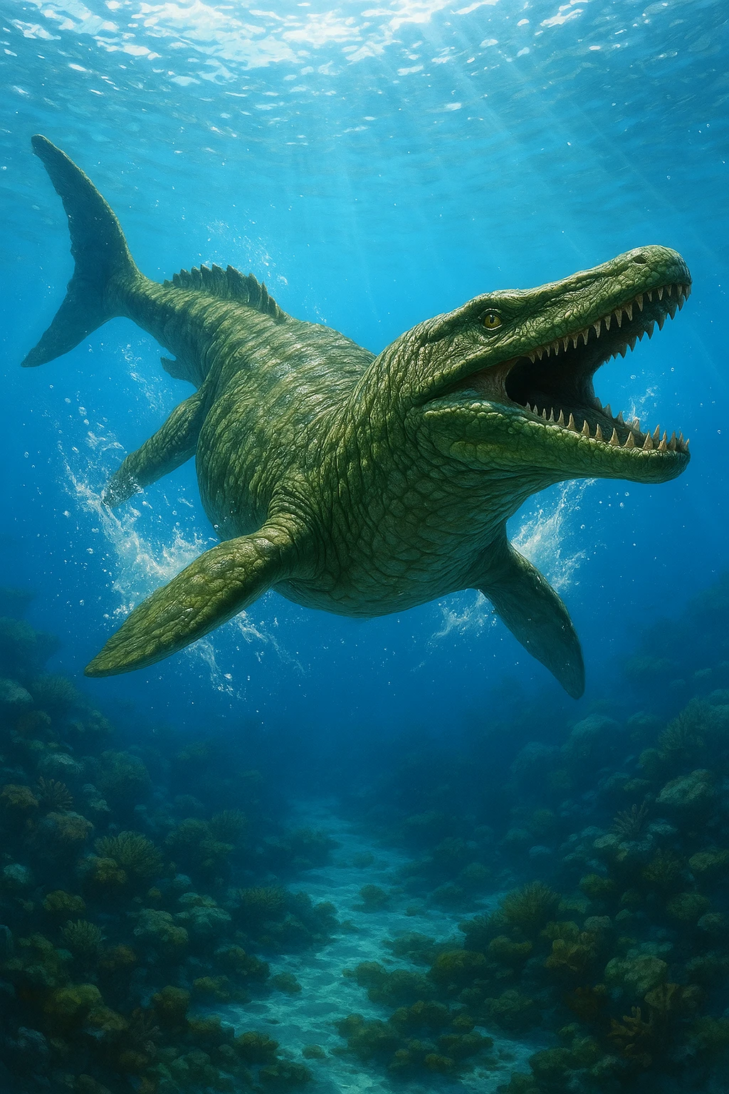 realistic and dynamic green Mosasaurus swimming in water emoji