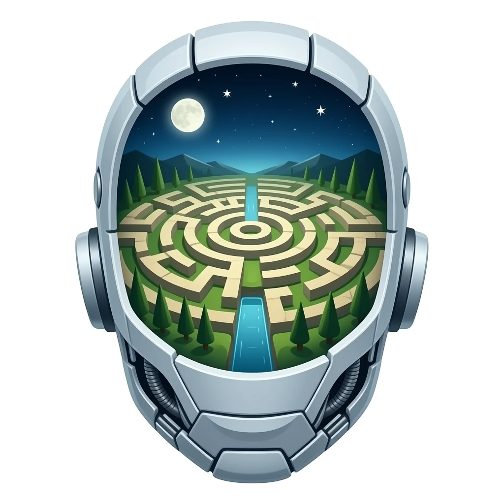a view from above into an open futuristic cybernetic head that contains the space of an ancient labyrinth emoji