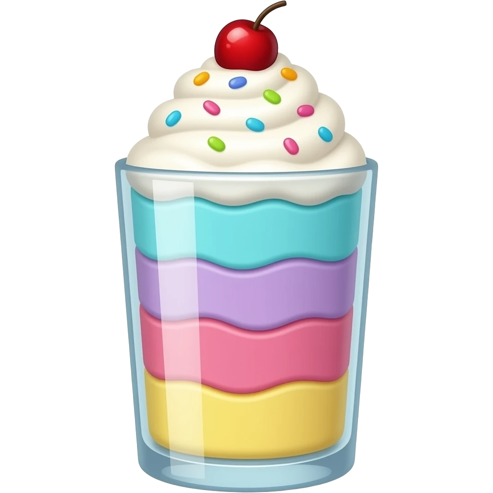sundae dans un verre transparent, multicolore pastel, seulement les couleurs turquoise mauve rose jaune, étagé emoji