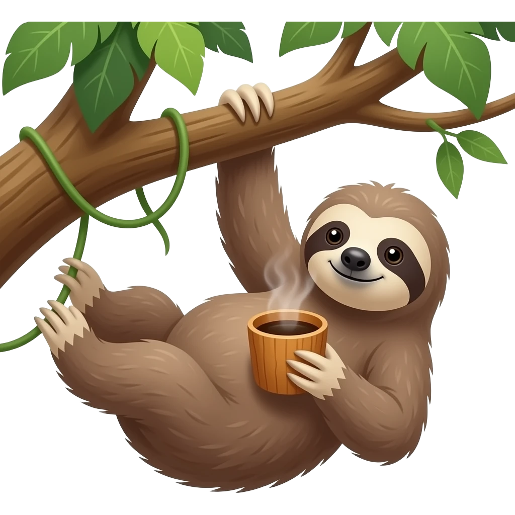 sloth on big jungle tree drink coffee wooden cup hanging emoji