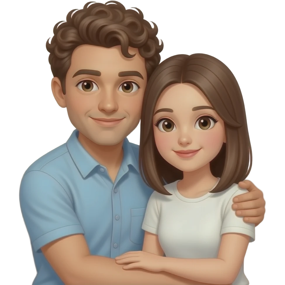 Realistic white man brown super short curly hair cuddling with realistic white girl brown straight hair on couch emoji