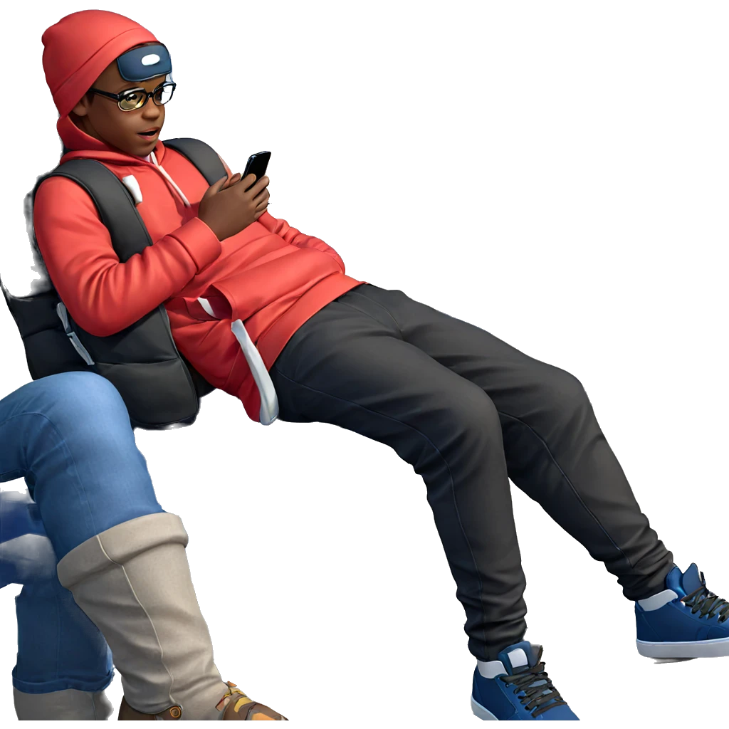 boy sitting outdoors with phone emoji