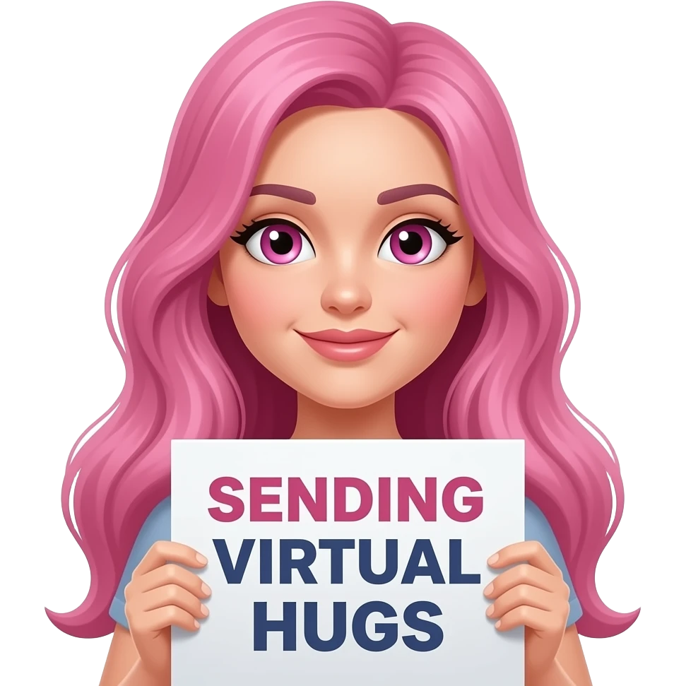 sexy girl with long pink hair and pink eyes wearing a holding a SENDING VIRTUAL HUGS sign emoji