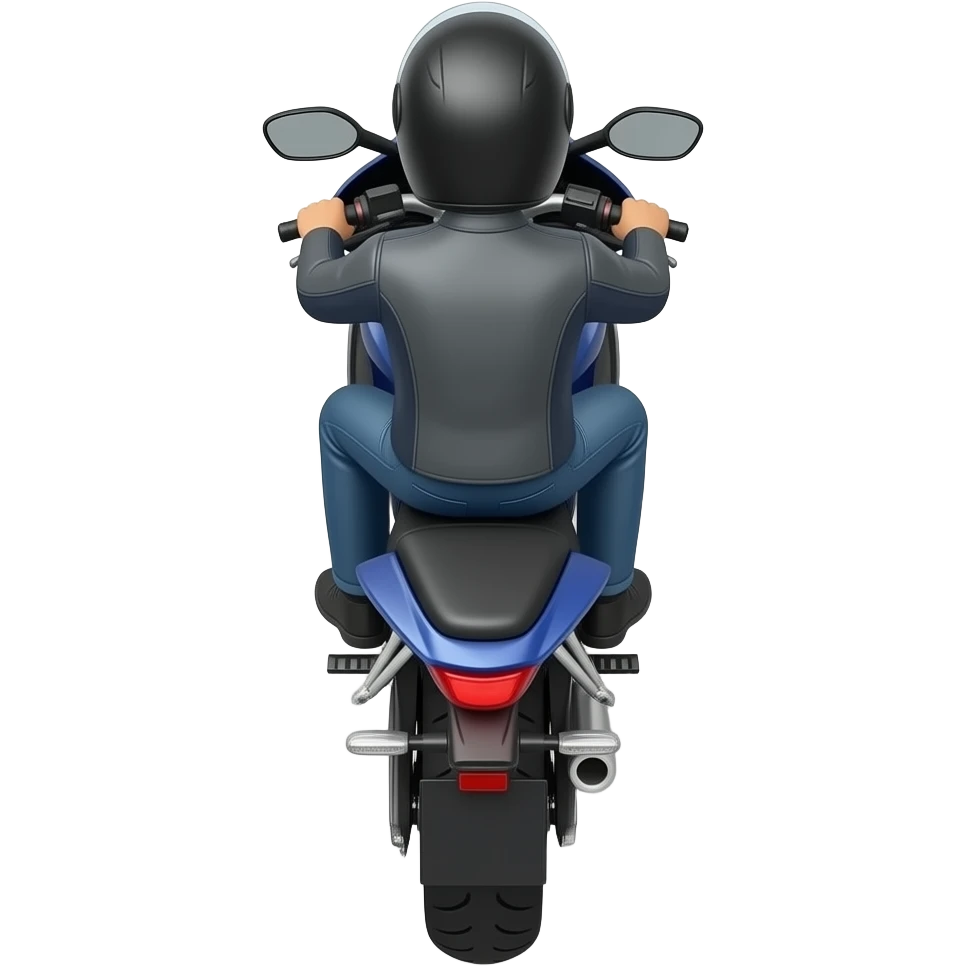emoji moto sans marque la moto doit être vu de derrière légèrement avec une vu de dessus avec un bonhomme sur la moto réaliste portant un casque noir emoji
