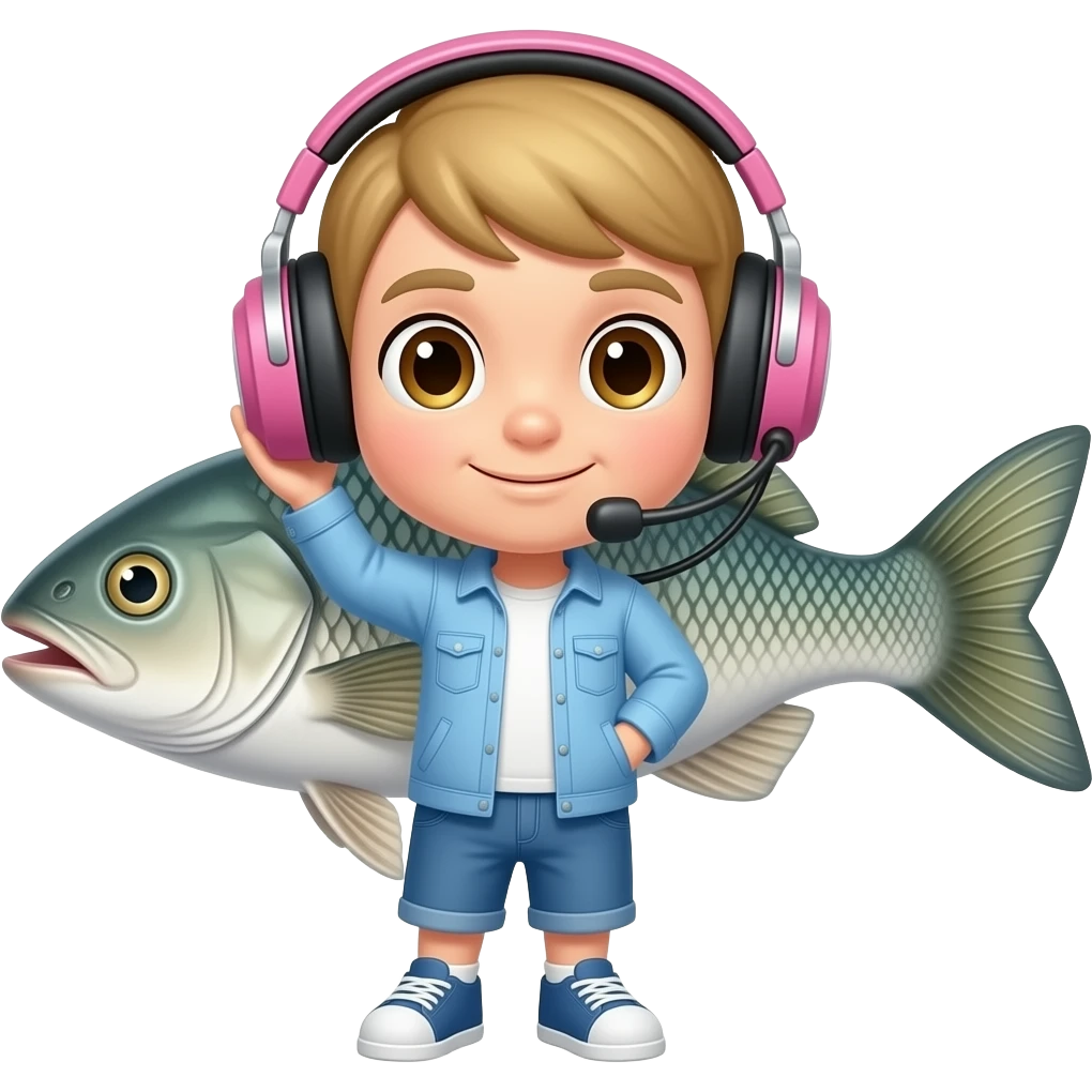A sea bass with pink gaming headset on its head, on the fish emoji