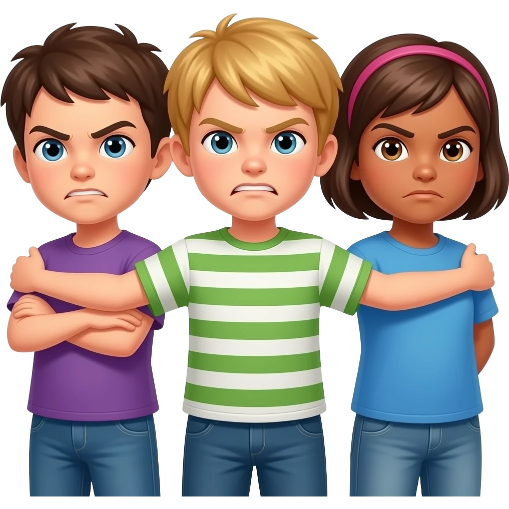 3 niños enfadados. mirando para atras del reves. de espaldas a la camara emoji