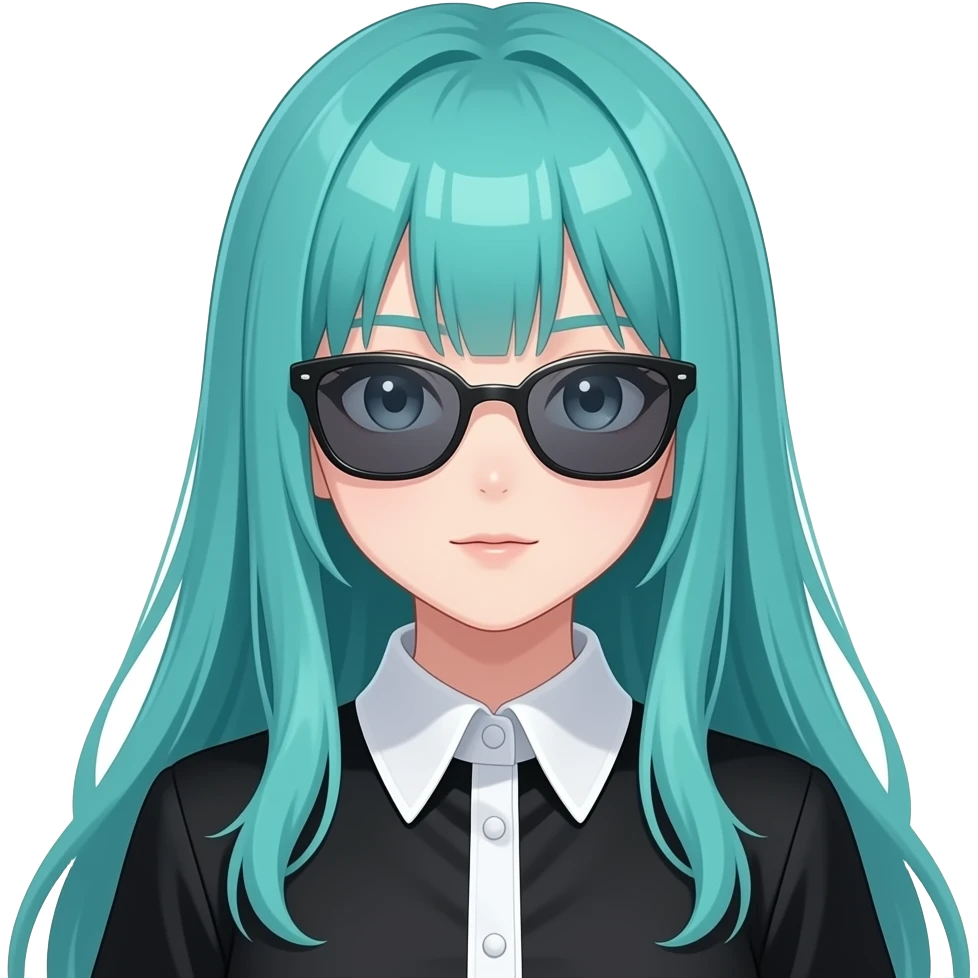 anime girl, cool face, cyberpunk sunglasses long flowing teal hair, grey eyes, black shoulder cyberpunk blouse with fancy white collar emoji