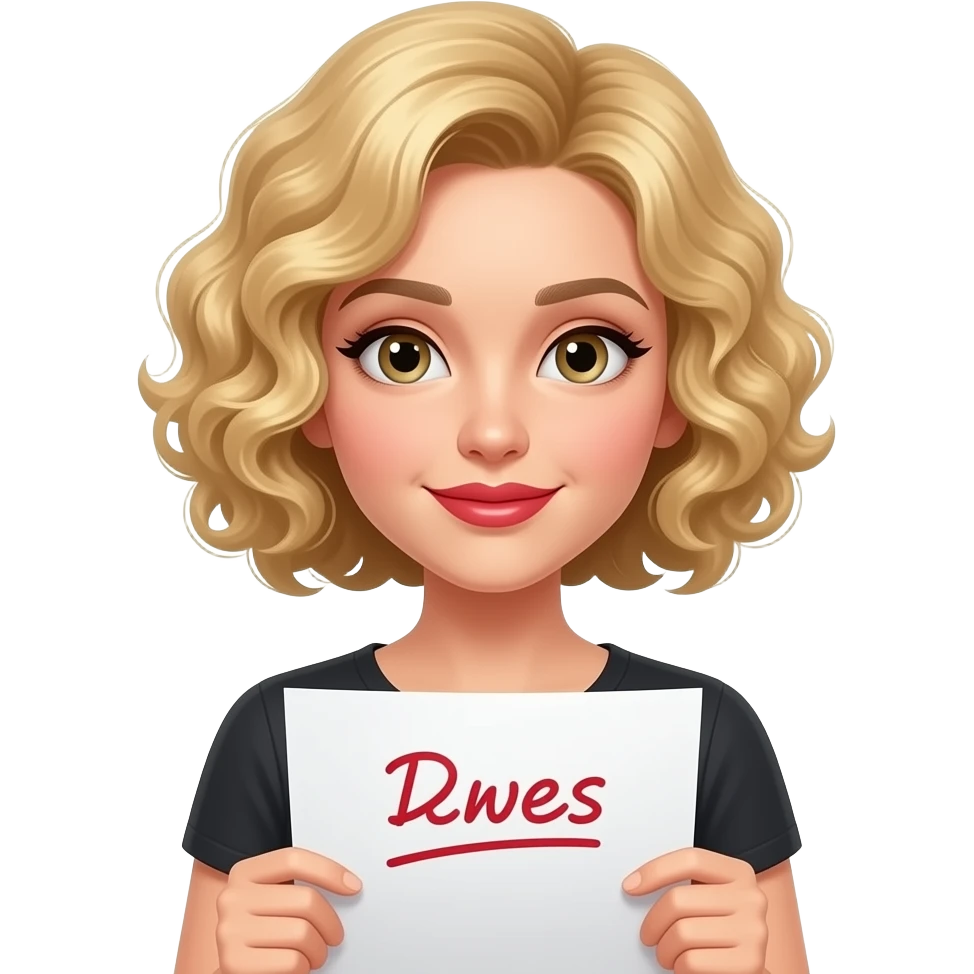 short blonde tight curly hair bob looking holding a paper with subtitles in red lipstick emoji