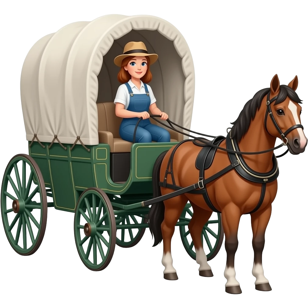 Woman riding in horse drawn covered wagon emoji