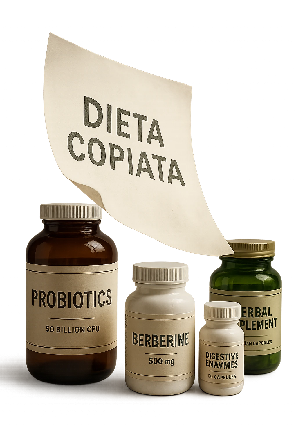 FOGLIO DI CARTA FLUTTUA IN ARIA CON LA SCRITTA "DIETA COPIATA", INSIEME A BARATTOLI DI INTEGRATORI PER CURARE IL SIBO IN ITALIANO, IPERREALISTICO 4K, NON DISEGNATO emoji