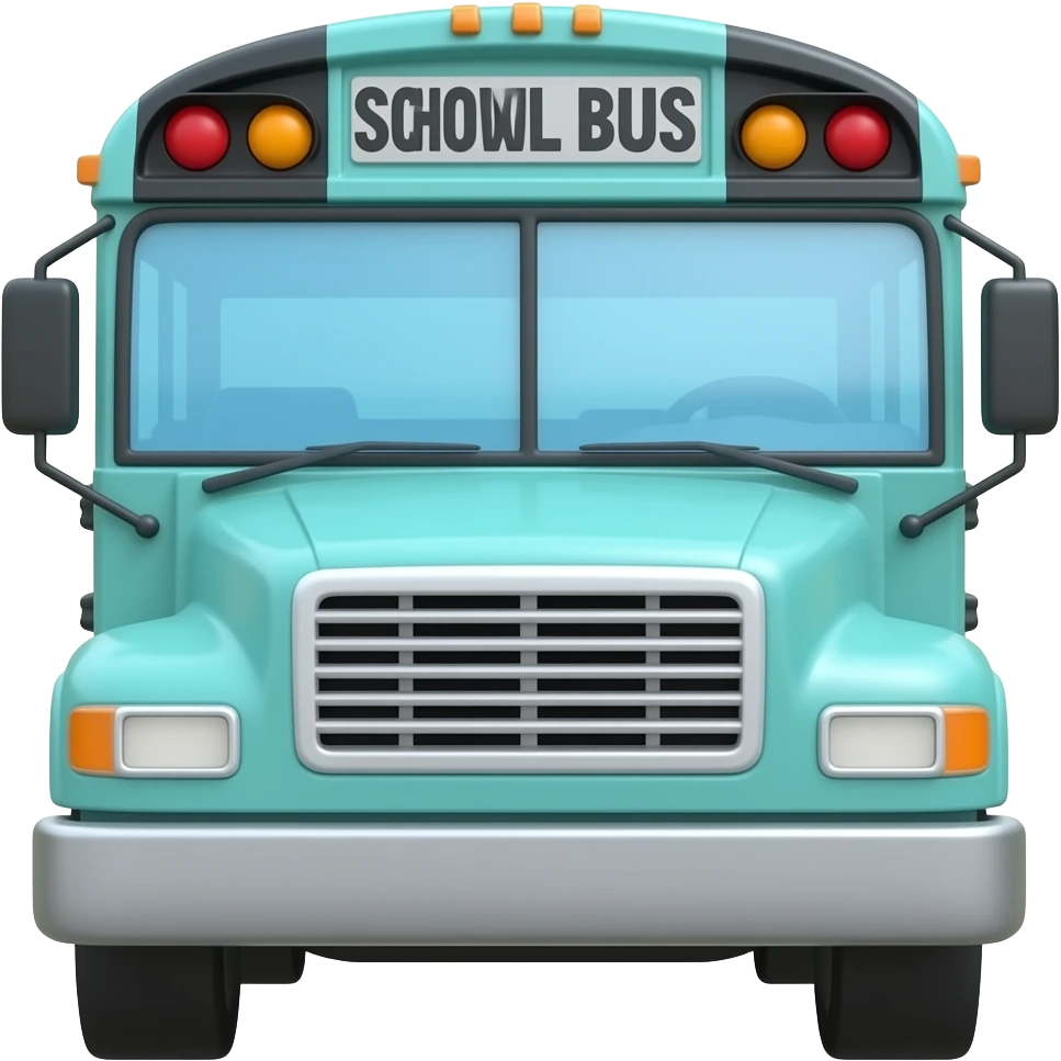 soft blue green school bus front view, transparent background inspired by barbie colour pallete emoji