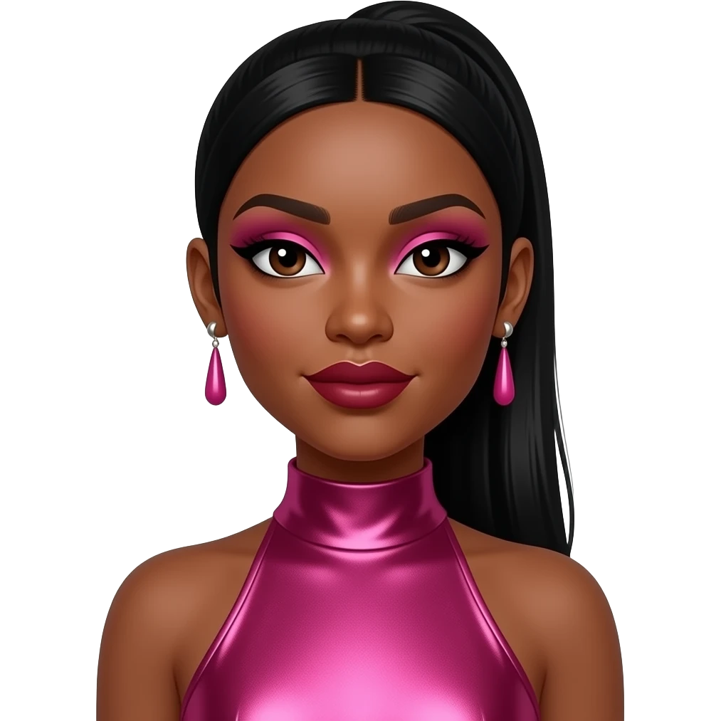 Brandi Williams from Blaque with dark brown eyes, long black  straight high ponytail hair, hot pink eyeshadow, dark red lipstick, hot pink metallic high neck dress, earrings emoji