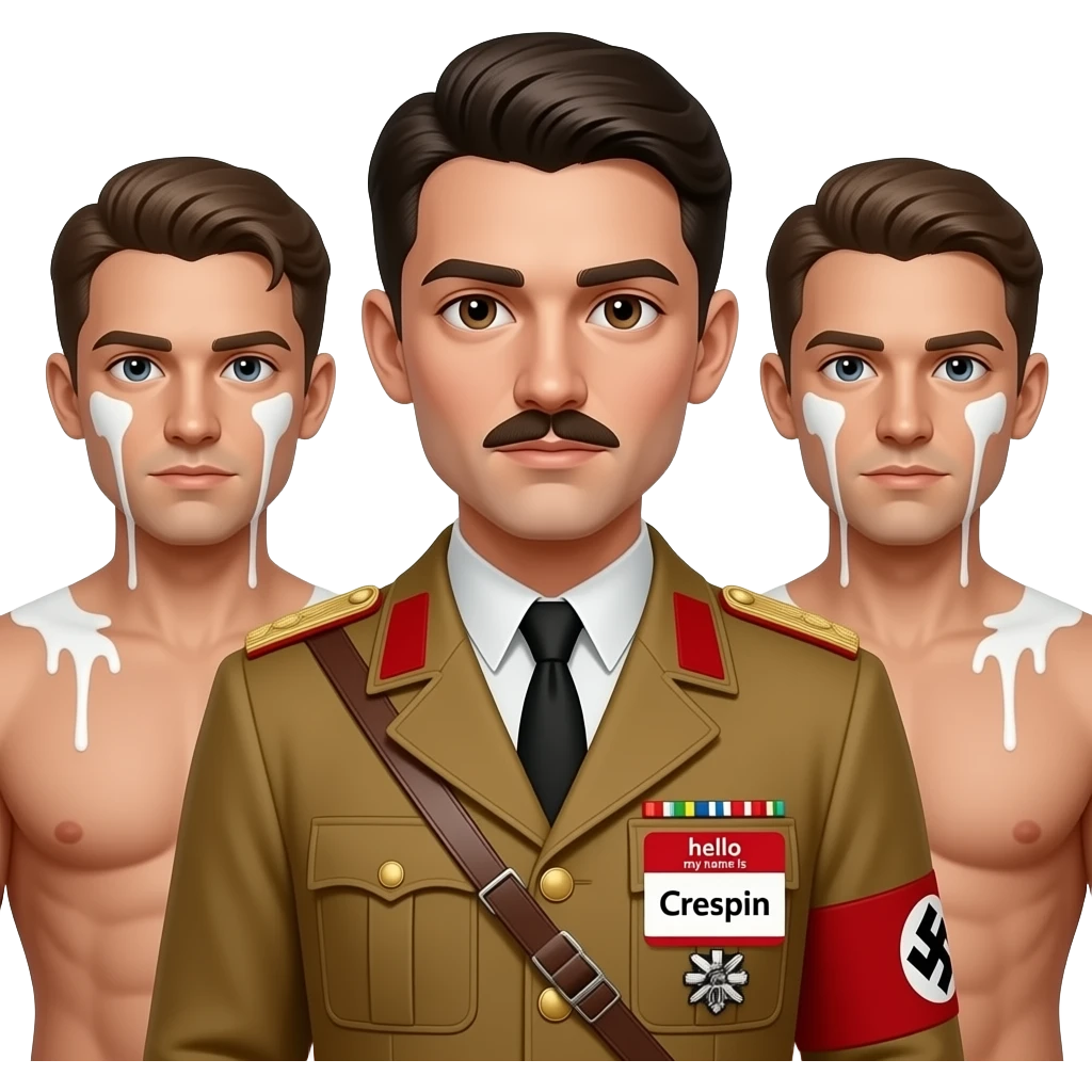 Young white male dressed in a Hitler uniform with a name tag that says hello my name is Crespin surrounded by shirtless men with white liquid on his face emoji