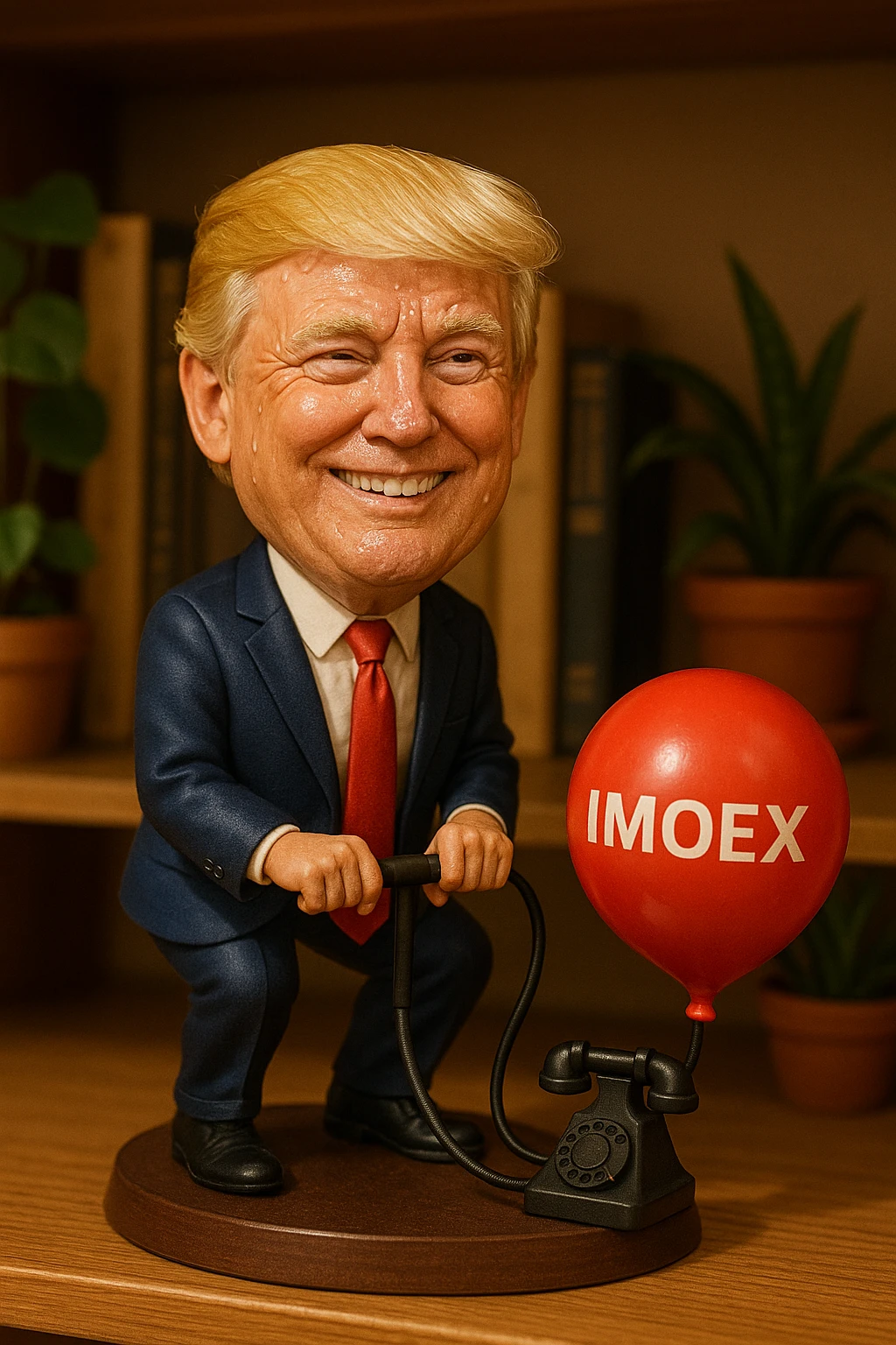 Дональд Трамп  улыбается в поте лица качает через насос в виде старого телефонного аппарата, который подключен к надувающемуся красному шарику, который символизирует фондовый рынок и на нём написано IMOEX emoji