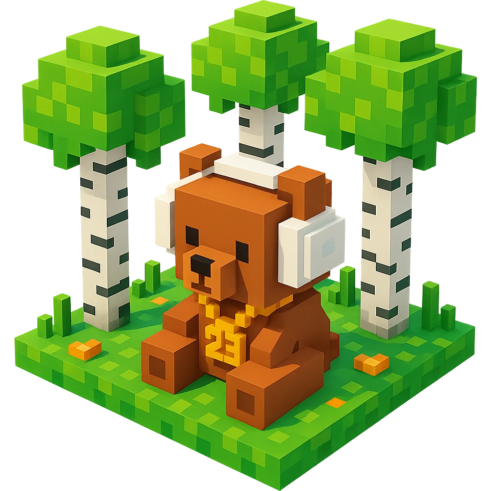 березовый лес, в котором сидит бурый медвежонок в белых наушниках (наушники должны закрывать уши медведя), на медведе цепь с подвеской "23", no background  emoji