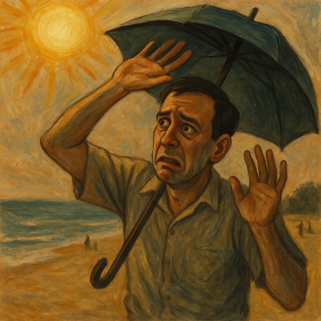 Create a symbolic, semi-realistic outdoor scene (beach or park) featuring a man with expressive, worried body language. The man is raising his hands or using an umbrella or large hat to block natural, warm sunlight. He looks uncomfortable or fearful, as if trying to protect himself from the sun. Use muted colors and an expressive, semi-realistic style symbolizing misunderstanding about sunlight and health. Use the reference image for facial features and general appearance. emoji