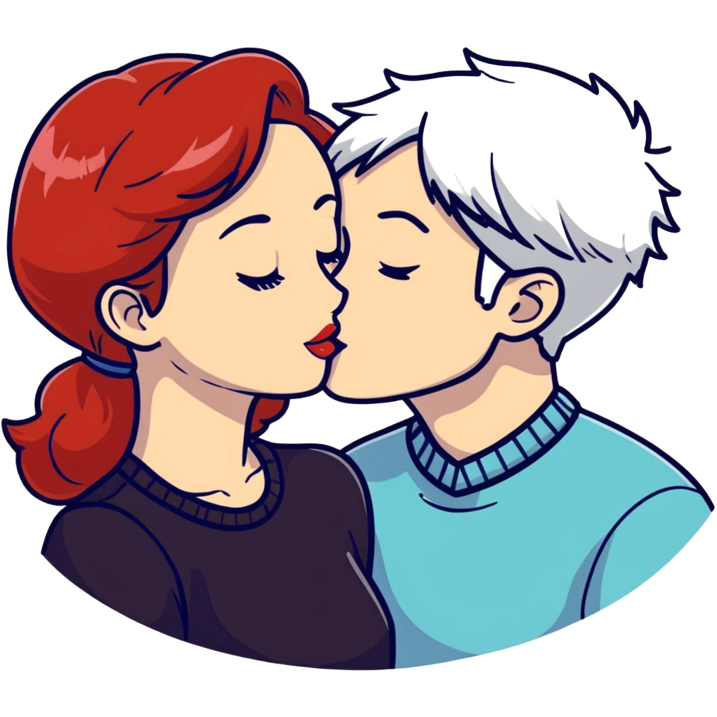 redhead girl kissing white-haired boy emoji