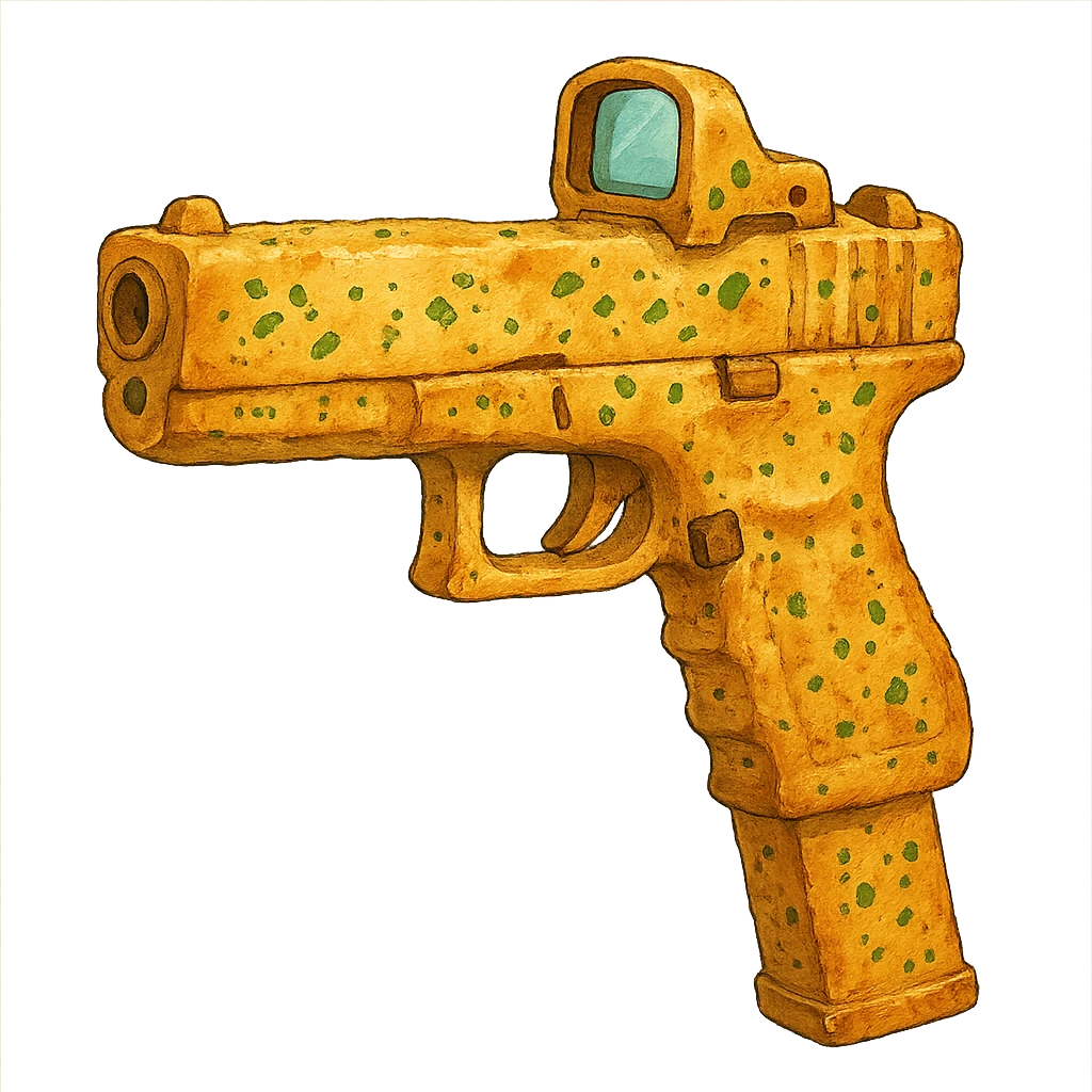 A glock with an extended magazine and holo sight, except it’s garlic bread  emoji