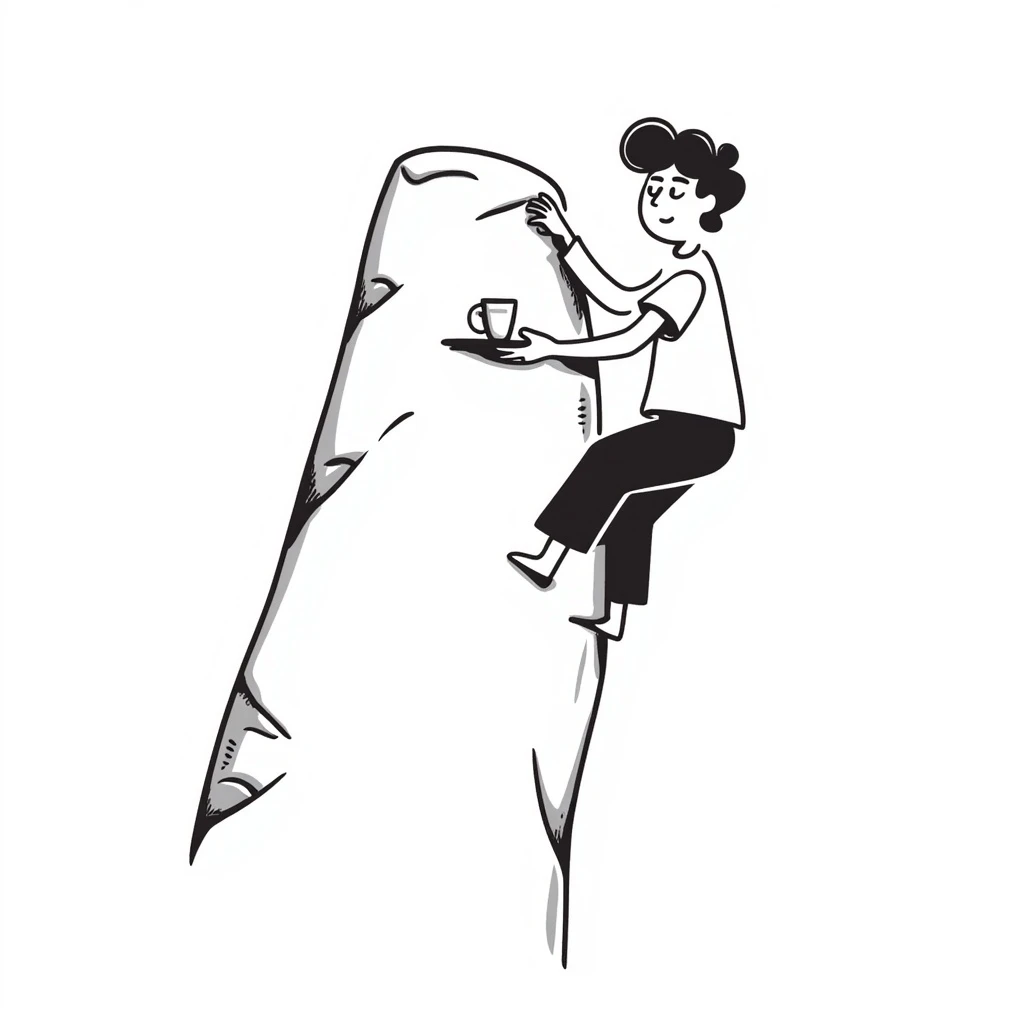 A guy rock climbing on a steep cliff in a black t-shirt with a waiter's tray in his hand emoji