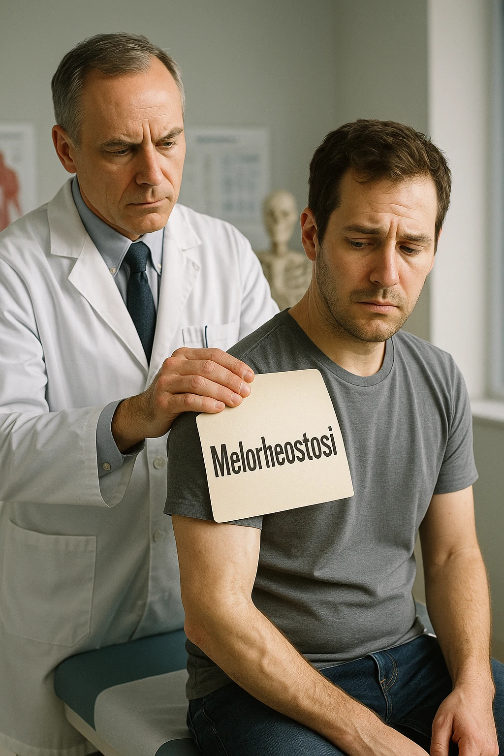 A realistic, cinematic illustration set in a bright, modern medical office. A middle-aged doctor in a white lab coat with a serious expression is shown gently placing a large paper label on the shoulder of a male patient sitting on the examination table. The label has the word 'Meloreostosi' written on it, symbolizing the act of labeling the patient with his rare bone condition. The patient looks confused and slightly disheartened, wearing a simple t-shirt with part of his arm exposed, showing subtle signs of bone thickening or deformation associated with melorheostosis. The background includes medical charts and a softly blurred skeleton model, emphasizing the medical setting. The lighting is bright but neutral, conveying a sterile, clinical atmosphere while focusing on the symbolic moment of receiving a diagnosis label. The mood is introspective and slightly heavy, illustrating the emotional weight of being defined by a rare chronic condition emoji