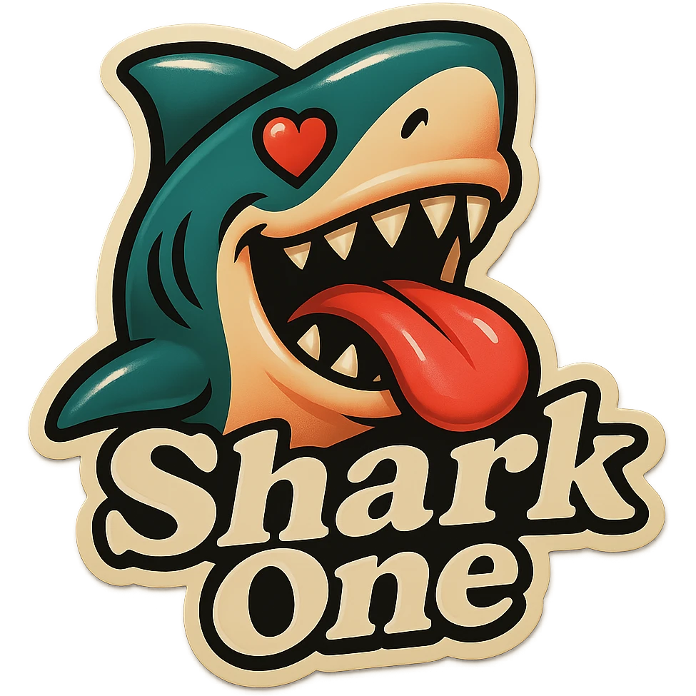 mouth open with tongue out
heart shaped eye
add the words “ Shark One " in White emoji