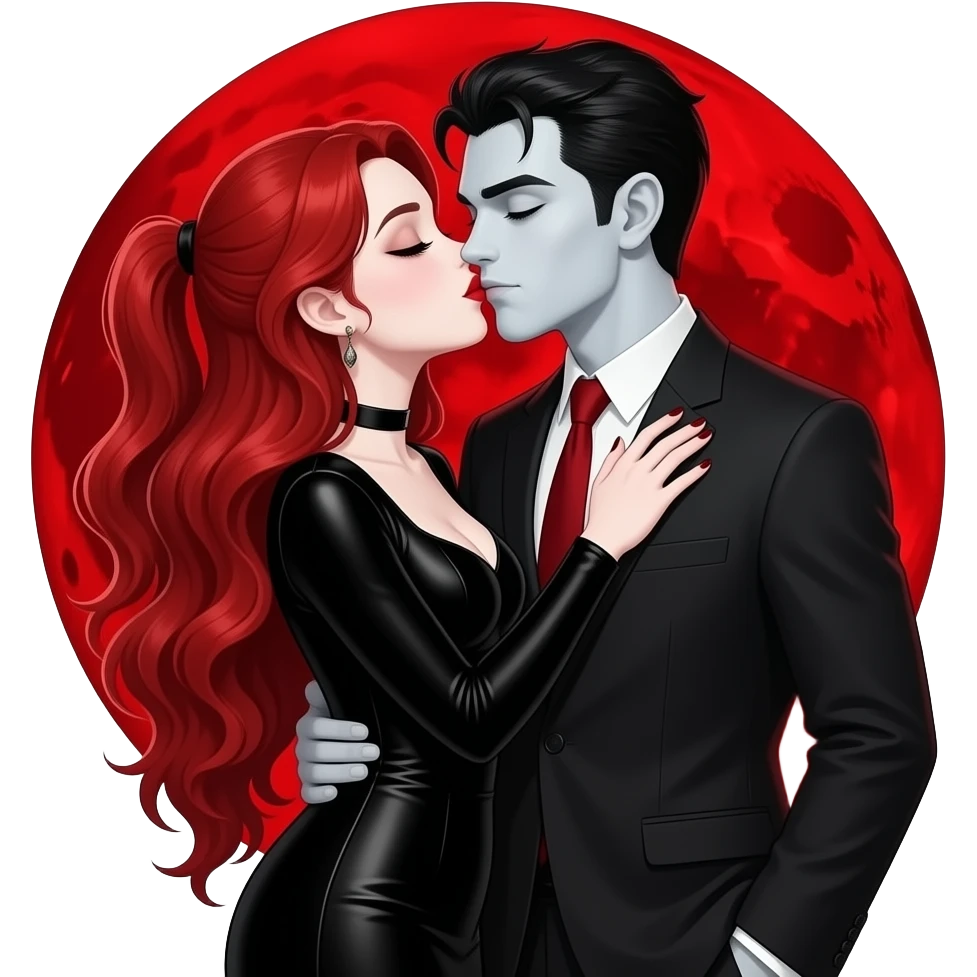 Vampiro femmina adolescente con pelle bianca e capelli rosso ondulati lunghi raccolti in una mezza coda che indossa un vestito stretto in vita e LUNGO sotto con maniche lunghe nero che sta baciando il suo ragazzo VAMPIRO dietro la luna rossa emoji