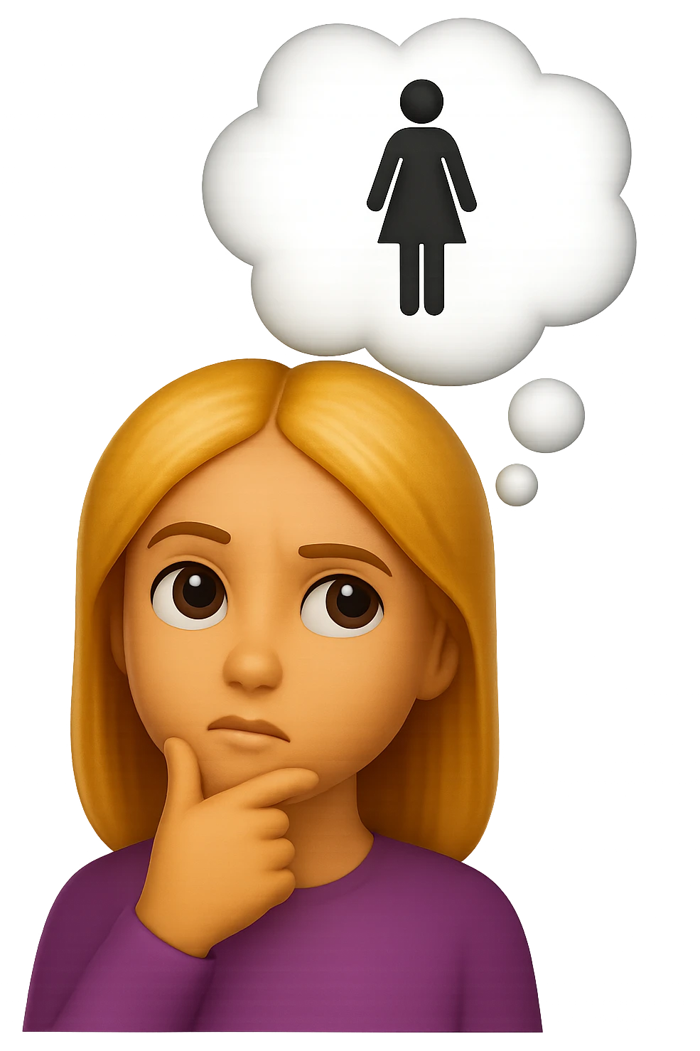 emoji stile iphone di una donna con nuvoletta di pensiero con all'interno la toilet per donne, iperrealistico 4k emoji