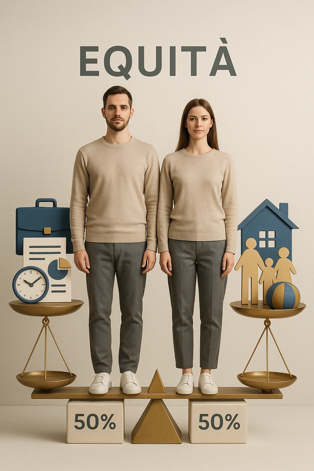 Uomo e donna in piedi l’uno accanto all’altra, al centro di una bilancia perfettamente in equilibrio. Entrambi vestiti in modo simile (moderno e neutro), con espressioni serene e rispettose. Sotto i loro piedi, due blocchi con scritto '50%' ciascuno. Sullo sfondo, elementi divisi simmetricamente: lavoro, famiglia, tempo libero, rappresentati equamente da entrambi. Atmosfera armoniosa, illuminazione equilibrata, colori neutri e simbolici (bianco, grigio, blu e oro). Stile realistico con accento simbolico sul concetto di equità in italiano emoji
