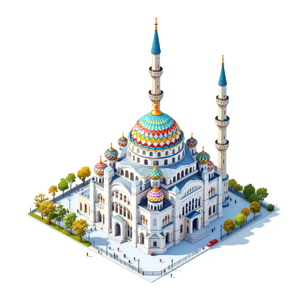 Isometric illustration of Istanbul, featuring photorealistic Hagia Sophia with with colorful onion domes, transparent background emoji