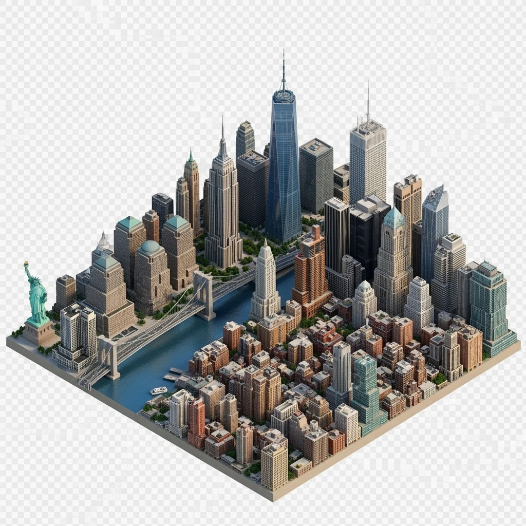 Isometric miniature of New York Сity Empire State Building, One World Trade Center, Statue of Liberty, Brooklyn Bridge, and Central Park chaotic low-rise blocks in outer boroughs 3D miniature effect and Tilt Shift effect, no cartoonish look, transparent background. emoji