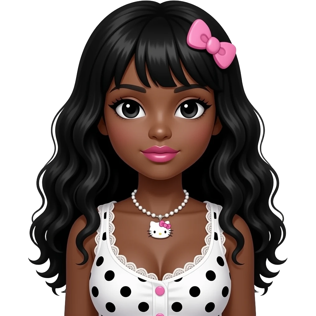 black girl, pink lips, my melody hairclip, dark brown skin, Doll faced shaped, hello kitty necklace, bimbo, black doll eyes, Big lips, long curly black hair, with white or black lace pink polka dots with gyaru sleeveless shirt, with big breast emoji