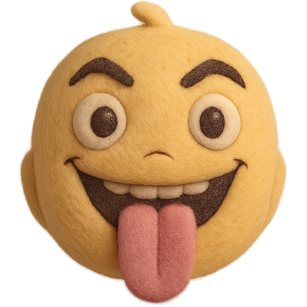 Make this crazy emoji more human with realistic skin texture, human-like eyes and mouth, keep the wild expression, 3D plush portrait style, front facing, transparent background. emoji