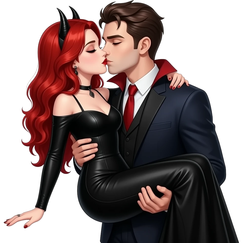 Vampiro femmina adolescente con capelli lunghi rosso fuoco ondulati con pelle bianca che indossa un vestito lungo con le maniche strette e nero che è tenuta in braccio dal suo ragazzo VAMPIRO e si stanno baciando emoji