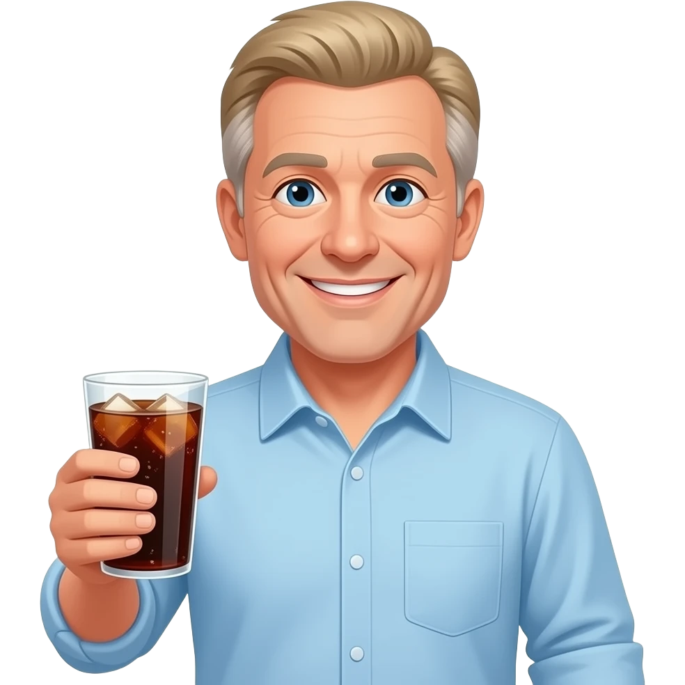 show me a pale white man smiling -with a round face- in his 50s in a light blue button down shirt-- clean shaven -with blond salt and pepper hair holding a cup of soda emoji