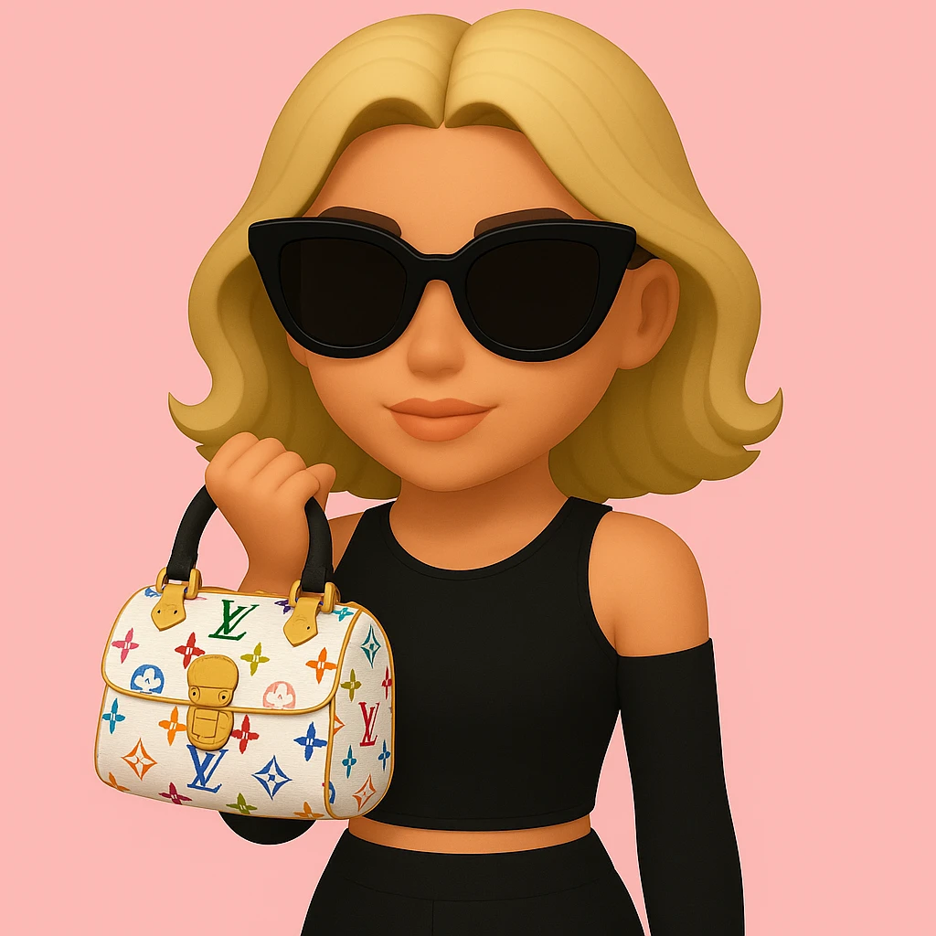 Remove all jewelry, make her lips a lighter pink, adjust her skin tone to be slightly more tan, and change the Louis Vuitton bag to a Speedy 30 Multicolore in white with rainbow monogram. Keep the pink background and sunglasses. emoji