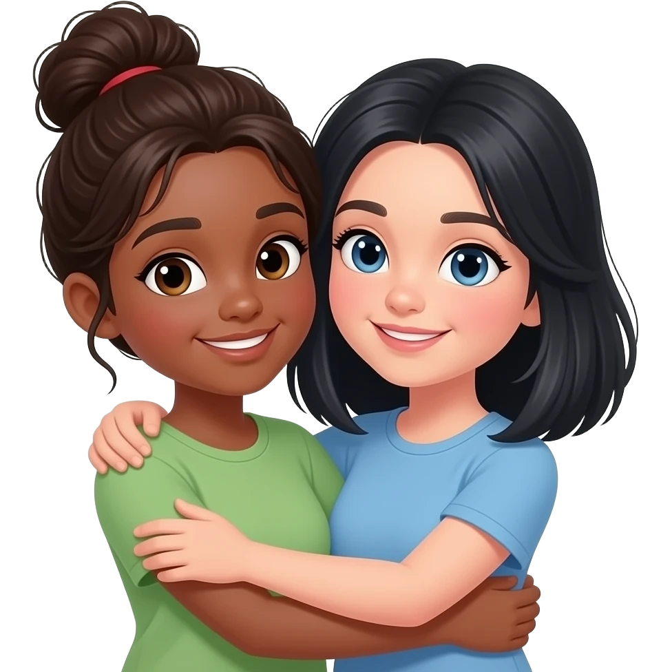 make an brownskinned girl with a messy straight bun hug a lightskinned black hair girl like besties make them both teens emoji