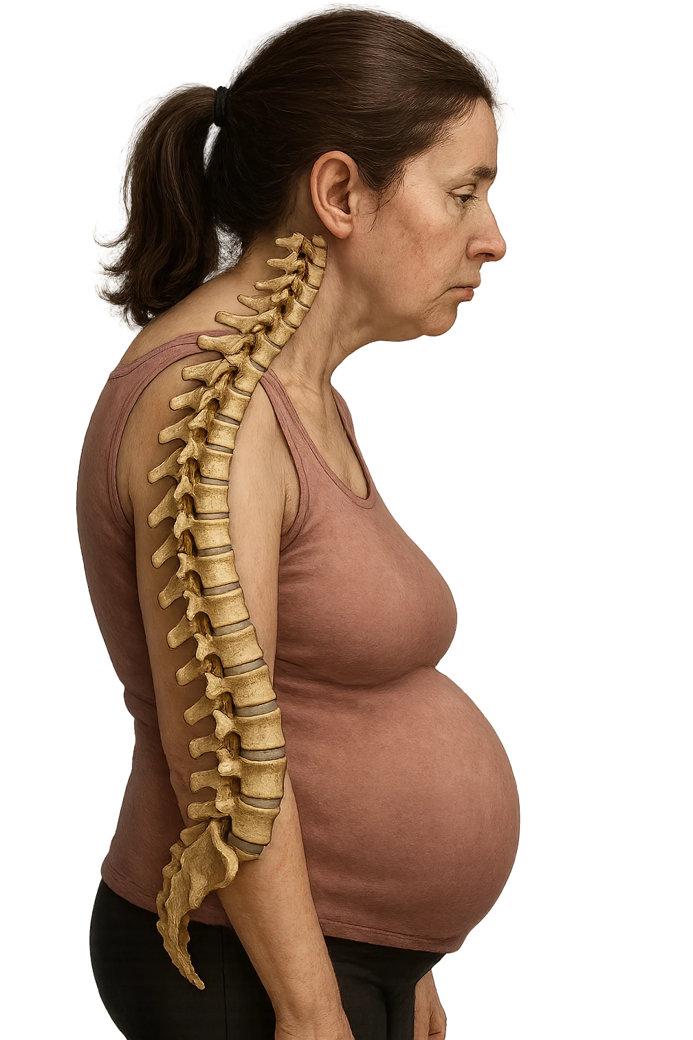 DONNA DI PROFILO CON LA POSTURA SBAGLIATA, SPINA DORSALE UMANA ANATOMICA REALISTICA IN EVIDENZA, LA PANCIA IN FUORI E LE SPALLE CHIUSE emoji