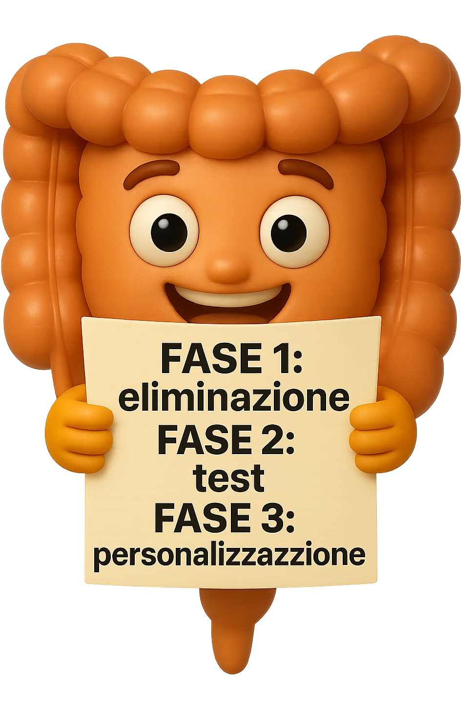 emoji stile iphone 3d di un intestino che tiene in mano un foglio con la scritta "FASE 1: eliminazione, FASE 2: test, FASE 3: personalizzazione, IPERREALISTICO 4K emoji