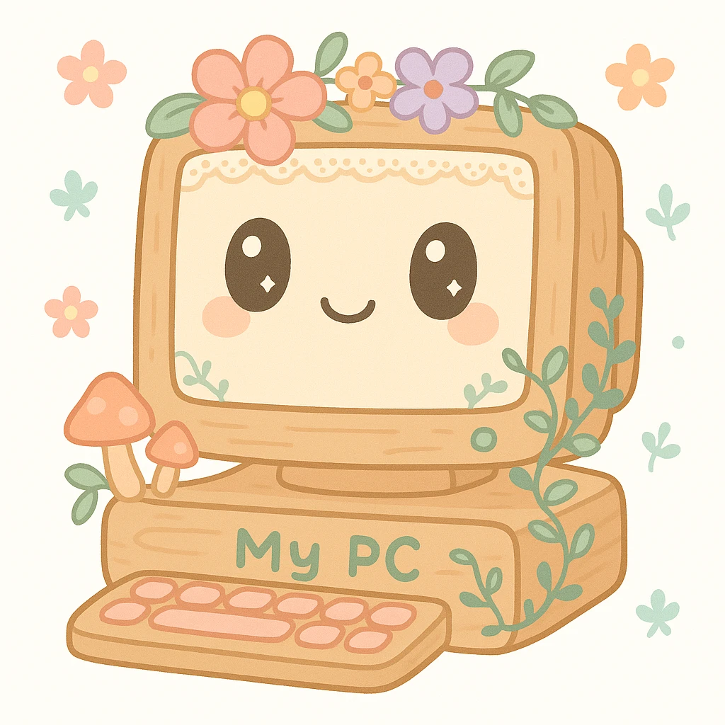 whimsical 'My PC' icon reimagined in cottagecore style: cozy wooden computer with floral accents, soft pastel colors, nature-inspired details like mushrooms, vines, and lace, blending technology with rustic, homey aesthetic emoji