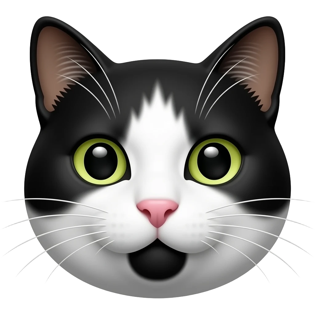Emoji de gato blanco y negro con mancha negra abajo de la boca y en la parte rosada de la naris es negro tambien emoji