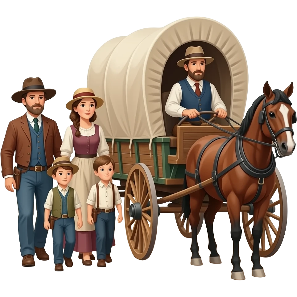 pioneer family on the oregon trail with husband driving the wagon and wife and children walking with everyone facing right emoji